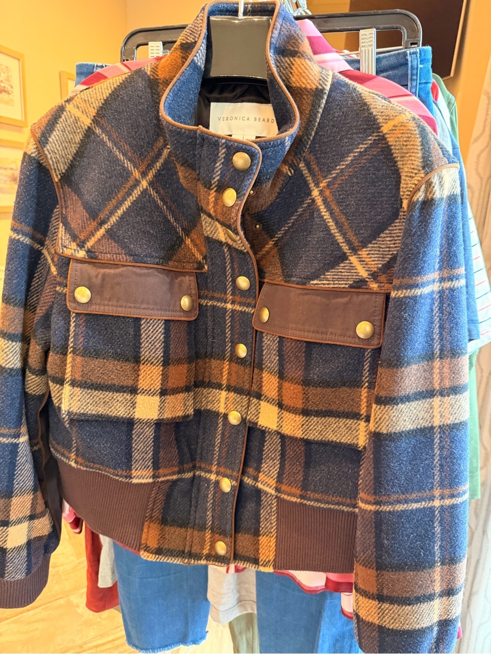 Veronica Beard Blue & Tan Plaid Wool Bomber Jacket